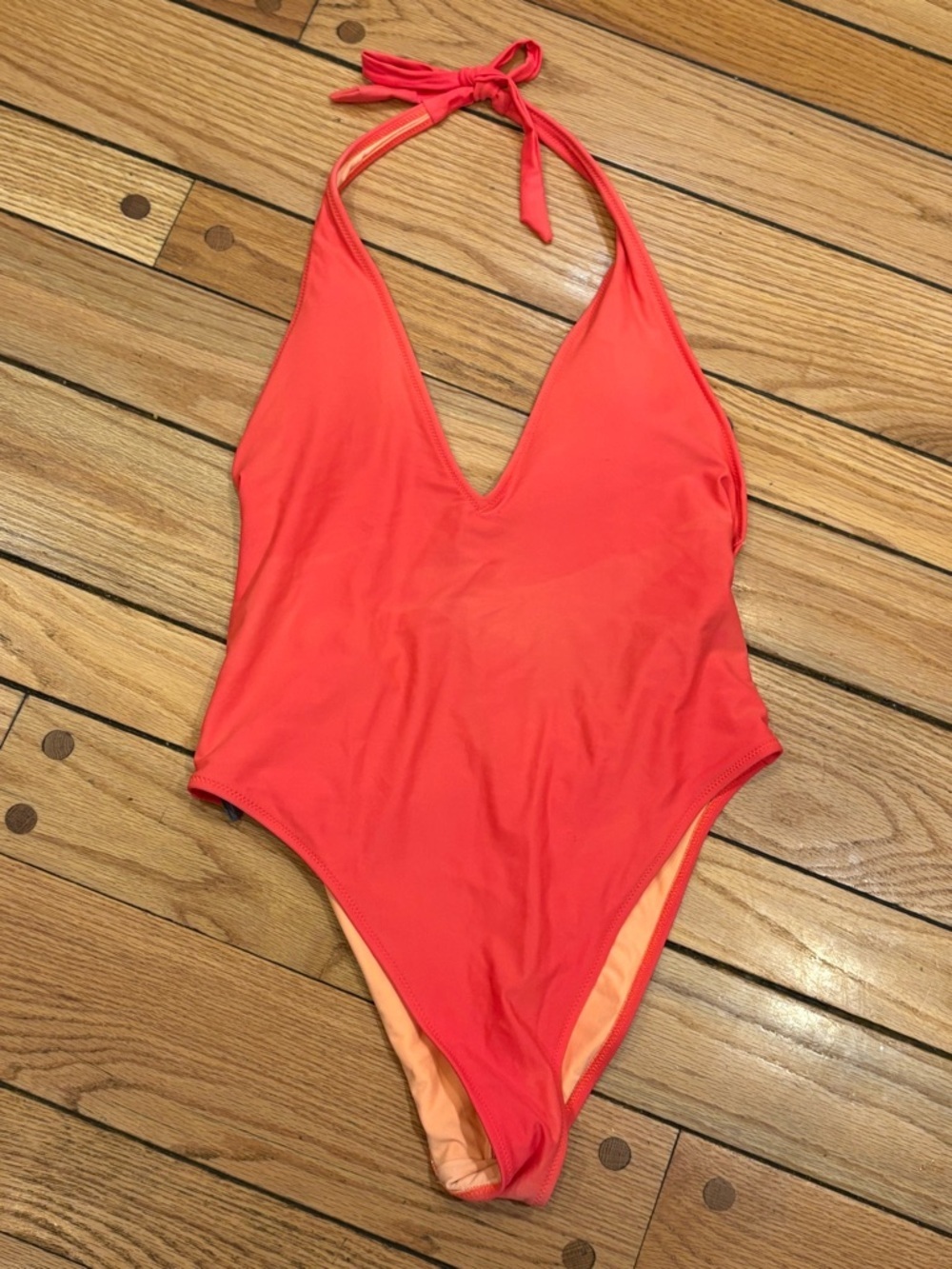aerie Deep Plunge Bright Coral Halter One-Piece Swimsuit XL